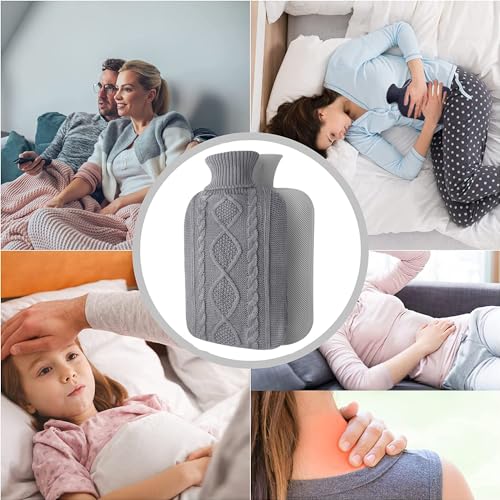 Hot Water Bottle with Cover - Premium Soft Knitted Cover - 2L Large Capacity - Hot Water Bag for Menstrual Cramps, Neck and Shoulder Pain Relief, Hot and Cold Therapies, Hand Feet Warmer Light Grey