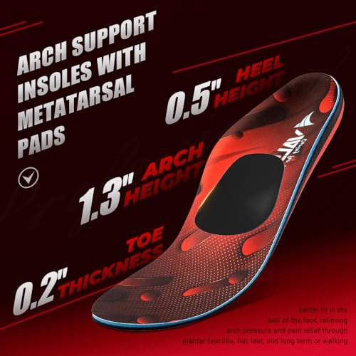 VALSOLE 250+ lbs Plantar Fasciitis High Arch Support Insole for Men Women,Heavy Duty Support Pain Relief Orthotics Insert,Relieve Flat Feet,High Arch,Foot Pain,Standing All Day Boot Work Shoe Insole MEN 10-10 1/2 | WOMEN 12-12 1/2--(290mm) Red