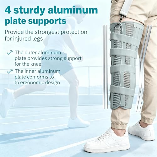 3-Panel Knee Immobilizer Brace for Men Women, Adjustable Leg Stabilizer with 4 Rigid Aluminum Splints & Anti-Slip Shoulder Strap, for Post-Surgery Recovery, Ligament Tears, Fractures