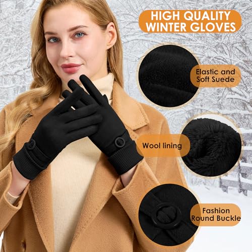 Womens Suede Gloves for Cold Weather, Winter Thick Warm Fleece Lined X-Large Black