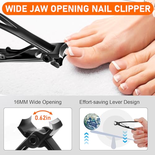 Toe Nail Clippers for Men, Toenail Clippers for Thick Nails for Seniors, German Sharp Stainless Steel Fingernail Clipper with Catcher, Heavy Duty Ingrown Nail Cutter Long Handle with Wide Jaw -Black