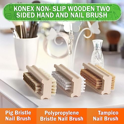 Konex Non-Slip Wooden Two-sided Hand and Nail Brush - Stiff Bristle Fingernail Brushes for Cleaning Under Nails - Heavy Duty Fingernail Brush for Manicure and Automotive Use - 2 Pack Pack of 2 2.0