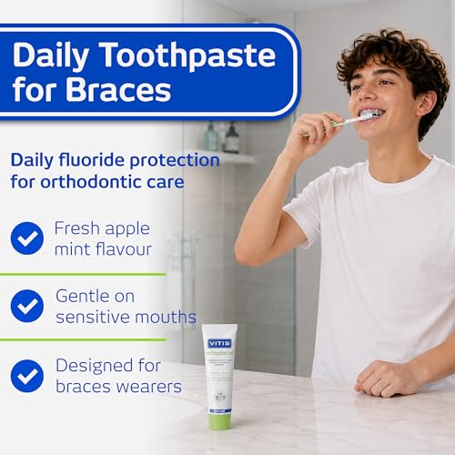 Vitis Toothpaste, 100ml - Orthodontic with Nano Repair, Apple Flavor - Gingivitis Prevention, Tartar Control, Tooth Decay Prevention, Remineralization, Enamel Protection