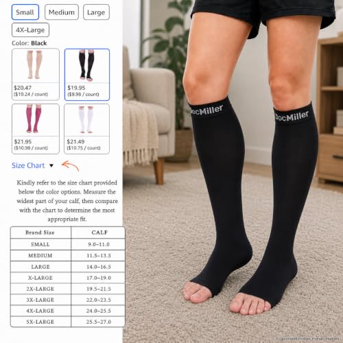 Doc Miller Open Toe Compression Socks, 20-30 mmHg, Knee High, Men & Women X-Large Black
