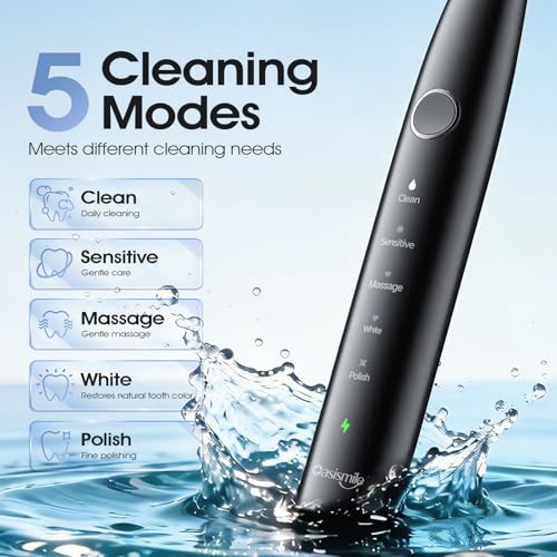 OasiSmile Sonic Electric Toothbrush, 42000 VPM Toothbrush with 6 Brush Heads & Travel Case, 5 Modes with 2 Minutes Built in Smart Timer, Wireless Charging, 100-Day Battery Life for Home Travel Black