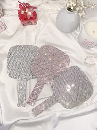 TISHAA Bling Handheld Makeup Mirror – Sparkly Crystal Rhinestone Compact Mirror for Women, Cute Portable Vanity Mirror for Travel, Purse, Gift for Her (White AB) White Ab