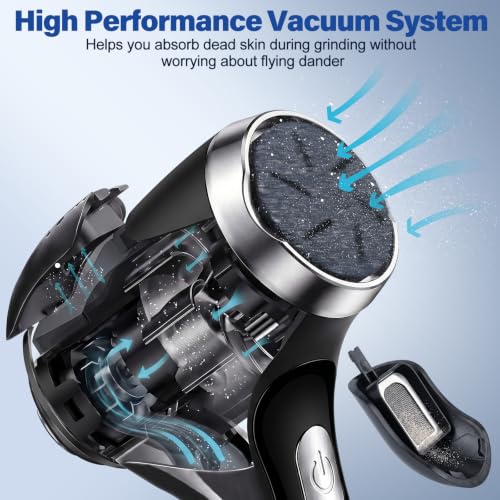 Electric Foot Callus Remover with Vacuum,Foot File Rechargeable 2 Speed,Professional Foot Scrubber with 3 Coarse Roller Heads,Waterproof Pedicure Tool Feet Care for Dead Skin Silver-black