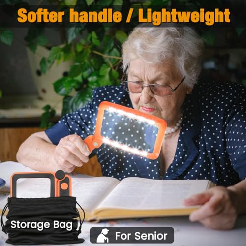 Rechargeable Magnifying Glass with Light for Reading, 6X Large Page Lighted Magnifier for Seniors Low Vision, Folding Handheld Rectangle Magnifier for Reading Small Print Orange-Black Orange Black