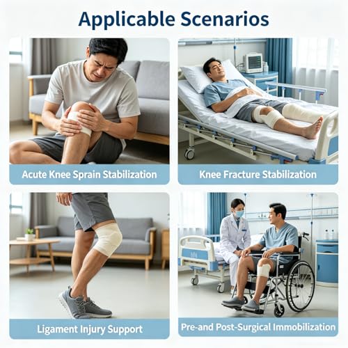 3-Panel Knee Immobilizer Brace for Men Women, Adjustable Leg Stabilizer with 4 Rigid Aluminum Splints & Anti-Slip Shoulder Strap, for Post-Surgery Recovery, Ligament Tears, Fractures