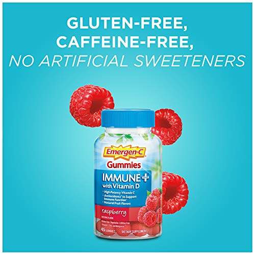 Emergen-C Immune+ Triple Action Immune Support Gummies, BetaVia (R), 1000mg Vitamin C, B Vitamins, Vitamin D and Antioxidants, Raspberry – 45 Count 45 Count (Pack of 1)