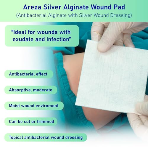 Areza Silver Calcium Alginate Antibacterial Wound Dressing Pads – Sterile, Non-Stick, Highly Absorbent; for Wound Drainage & Infection Risk (4.25″×4.25″, 20-Pack per Box), 1 Box 20 Count (Pack of 1)