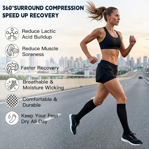 7 Pairs Copper Compression Socks for Men Women 20-30 mmHg Knee High Socks Large-X-Large Black