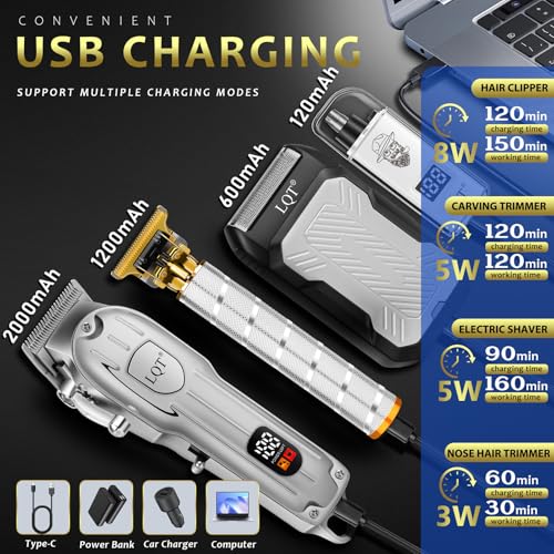Hair Clippers for Men with LED Display, 4-in-1 Cordless Grooming Kit with Beard Trimmer, Foil Shaver & Nose Trimmer, Rechargeable Electric Hair Clipper Set for Home Barber, Personal Care & Gift