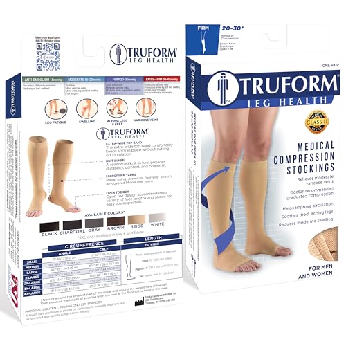 Truform 20-30 mmHg Compression Stockings for Men and Women, Knee High Length, Open Toe Beige X-Large (1 Pair) Microfiber Knit