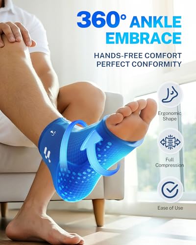 Extended Ankle Ice Pack Wrap for Plantar Fasciitis Relief XL + Ankle Brace for Men Women Blue L