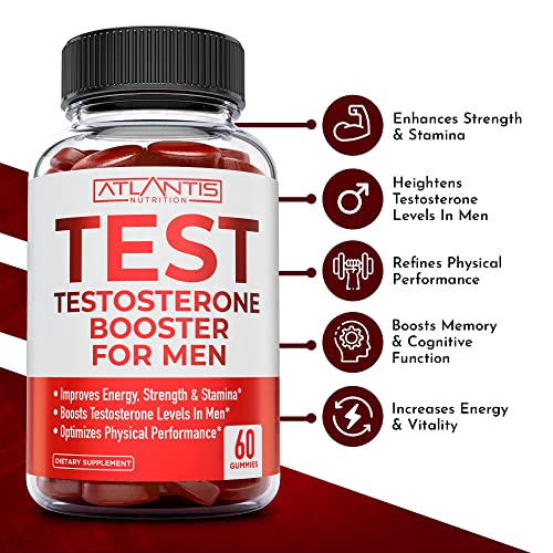 Atlantis Nutrition Testosterone Booster Gummies for Men - Enhances Strength & Stamina - Optimizes Performance & Male Enhancement - Tribulus, Goat Weed Extract, Maca Root Extract | 60 Gummies 60 Count (Pack of 1)