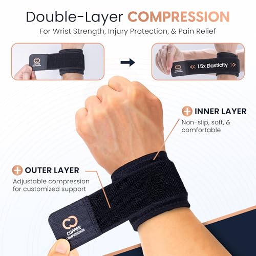 Copper Compression Wrist Wraps (2 Pack) – Adjustable Copper Infused Wrist Support for Weightlifting, Workouts, Injury Recovery, Carpal Tunnel, Tendonitis, and Pain Relief – Breathable and Comfortable Straps