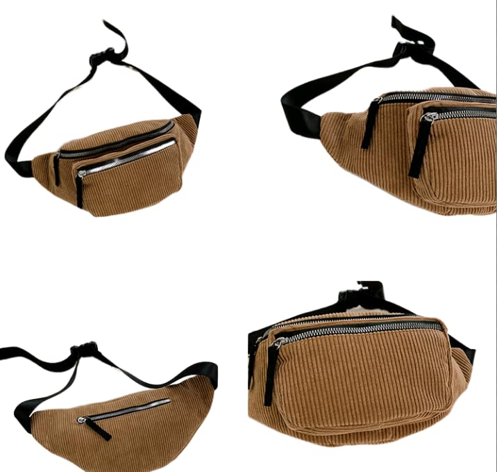 Fashion Corduroy Waist Pack Zipper Chest Fanny Pack Adjustable Belt Bag Cell Phone Wallet Purse for Sport Travel Brown