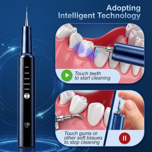Plaque Remover for Teeth, Dental Cleaning Kit Tartar Remover for Teeth with LED Light & 5 Modes, Rechargeable Dental Cleaner, 3 Replaceable Heads