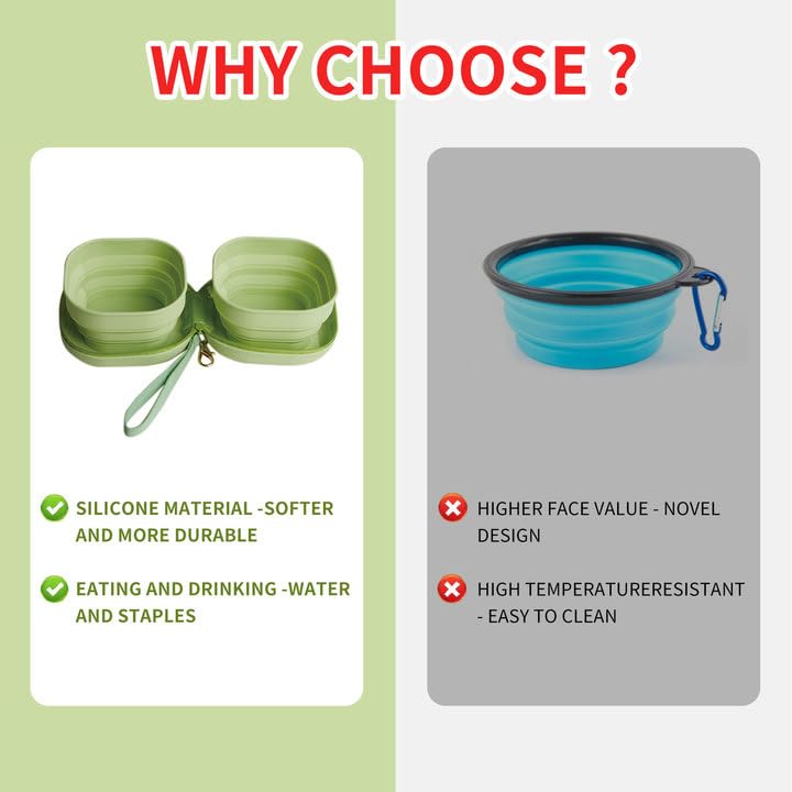 Travel Twin Pet Bowls for Cats or Dogs, Collapsible Silicone Bowls for Food and Water Feeding, Foldable Zip Up Oxford Cloth Carry Case with Carabiner Clip, Portable Hiking Cat Bowl - BeesActive Australia