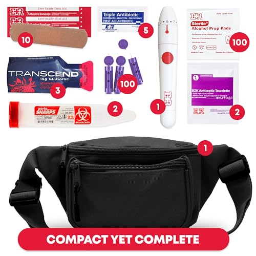 Ever Ready First Aid Diabetic Fanny Pack Kit - Includes BZK Antiseptic Towelettes, Adhesive Bandages, Lancing Device, Sharp Container, Portable Emergency Supplies for Diabetes Care