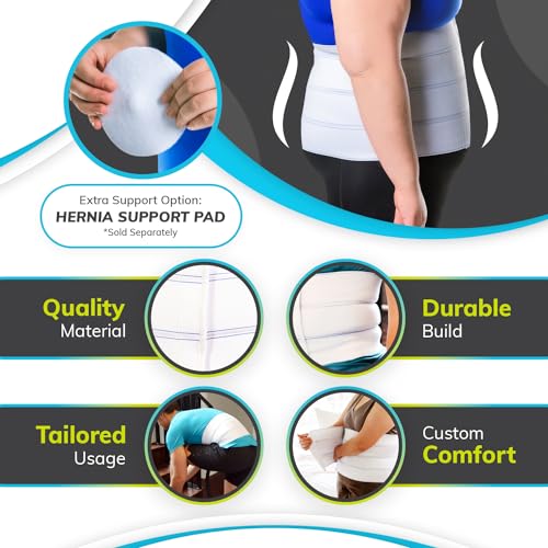BraceAbility Abdominal Stomach Binder + Hernia Belt Replacement Pad Bundle - Post-Surgery Compression for Tummy Tuck, Hysterectomy Recovery - Includes Silicone Pad Cover (XL 9”)