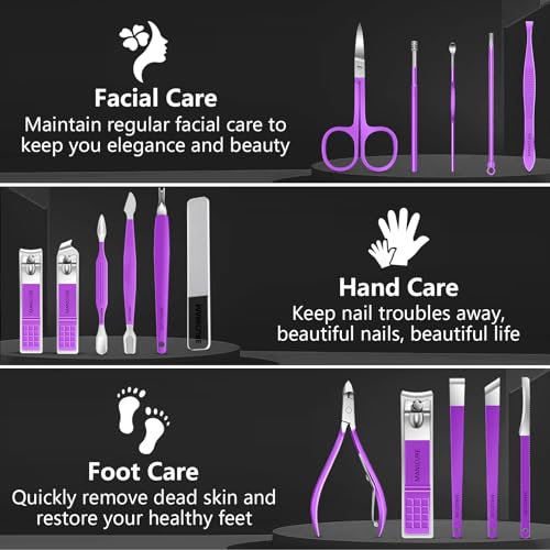 Manicure Set 16Pcs Professional Stainless Steel Pedicure Kit Mens Grooming Kit Fingernail & Toenail Clippers Set Manicure Kit with Luxurious Travel Bag, Sharp Nail Scissors and Clipper (Purple) 16Pcs-Purple