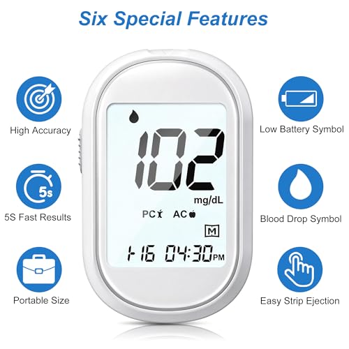 Glucose Monitor Kit, Diabetes Testing Kit with 100 Test Strips & Lancets, High Accuracy Glucose Monitor, Large Bright Screen, PC/AC/CTL Mode, No Coding