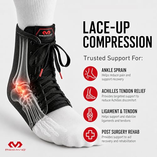 McDavid Adjustable Ankle Brace for Women Men, Sprained Ankle Support, Achilles Tendon Support, Injury Recovery, Lace Up Ankle Stabilizer Wrap for Running, Basketball, Volleyball, Soccer, Sports Large Black