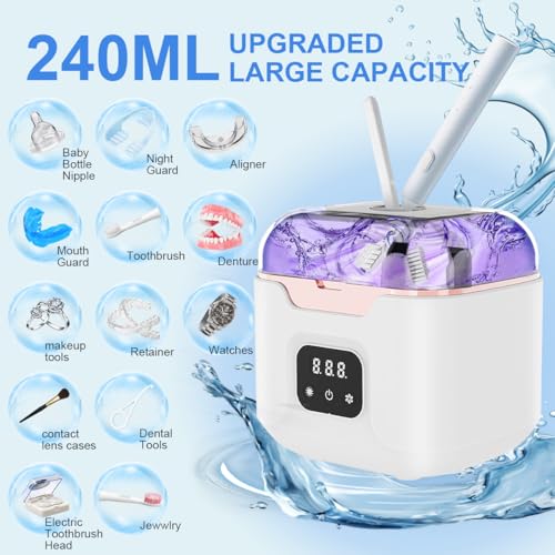 Ultrasonic Retainer Cleaner Machine, 48kHz Ultrasonic Dentures Cleaner with Timer & 4 Modes, 240ML Dental Pod for Mouth Guards, Braces, Aligner, Toothbrush, Jewelry, Makeup tool.