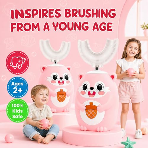 Kids U-Shaped Automatic Electric Toothbrush, Children’s 360° Mouthpiece Design for Full-Mouth Cleaning, 3 Cleaning Modes, Cute Animal Squirrel Style Pink