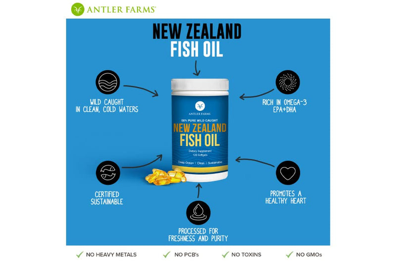 Antler Farms - 100% Pure Wild Caught New Zealand Fish Oil from Deep Ocean, Cold Water Fish, 120 Softgels - Clean, Fresh Omega-3 EPA + DHA Supplement, Keto Friendly, Super Clean | 100% Pure Fish Oil Supplement from Deep Ocean, Cold Water Fish, Clean, Fr...