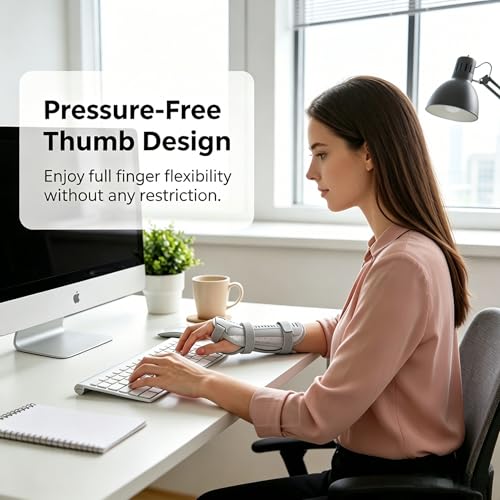 Wrist Brace for Right Hand, Adjustable Adult Night Support Splint, Ultralight Stabilizer for Carpal Tunnel & Arthritis, Pressure-Free Thumb Design, Gray