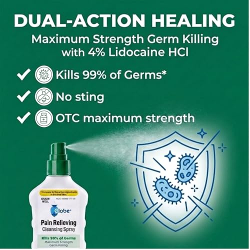 Globe Max Lidocaine Antiseptic Spray, No Sting, 4 Bottles, 5 oz 5 fl oz (Pack of 4)