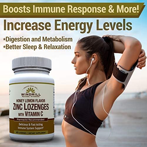 Windmill Health Products Natural Vitamins Zinc Lozenges with Vitamin C Honey Lemon Flavor, Immune System Support, Provides Antioxidant Support, Delicious & Fast Acting, 60 Lozenges, 60 Servings. 60 Count (Pack of 1)