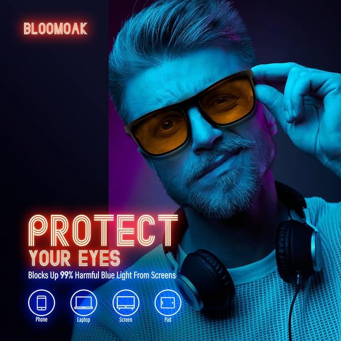 Bloomoak-99% Blue Green Light Blocking Glasses - Gaming Glasses - Anti Glare - Anti Fatigue -Suitable for Screens, Games, TVs 99% - Matte Black (Hard Case Included) Orange Lens - Night - BeesActive Australia