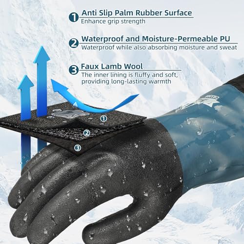 Schwer 100% Waterproof Winter Work Gloves, Long Freezer Glove with Water-based PU Coating, Ultimate Warmth, Non-Slip, Thermal Glove for Outdoor Activities & Daily Work, Hiking, Camping, Washing, L Large