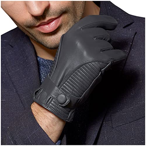 FIORETTO Men’s Winter Leather Gloves – Chrome-Free Sheepskin Driving Gloves with Cashmere Lining & Touchscreen M16516 Small Gray
