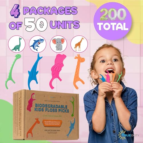 Biodegradable Kids Flossers -200 Pack, Natural Kids Floss Picks, Fluoride Free, Biodegradable Floss Pick, Organic Animal Dental Floss Picks, Dental Floss Sticks - 4 Fun Animal Designs Multicolor 50 Count (Pack of 4)