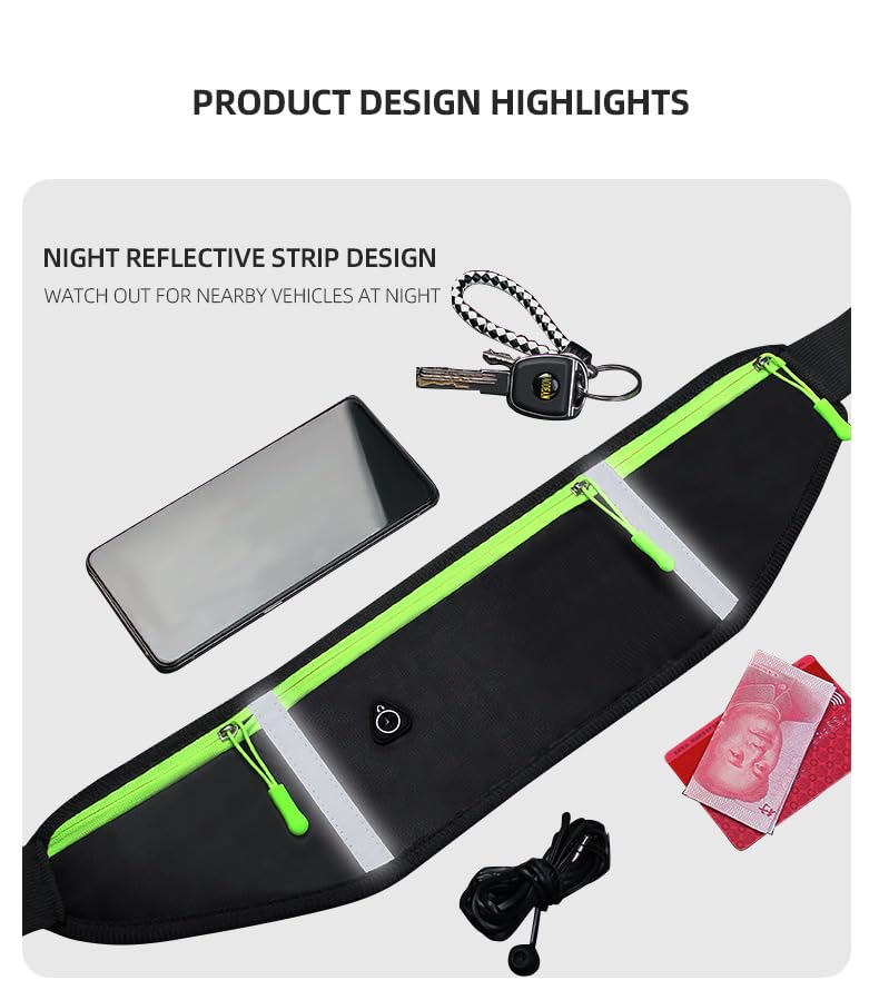 Running Belt with Two Zippered Pockets and Water Bottle Holder, Fits Phone, Keys, Energy Gels – Adjustable Waist Pack for Marathon, Trail Running, Hiking, Jogging, Walking [LD&JR] (Black) Black