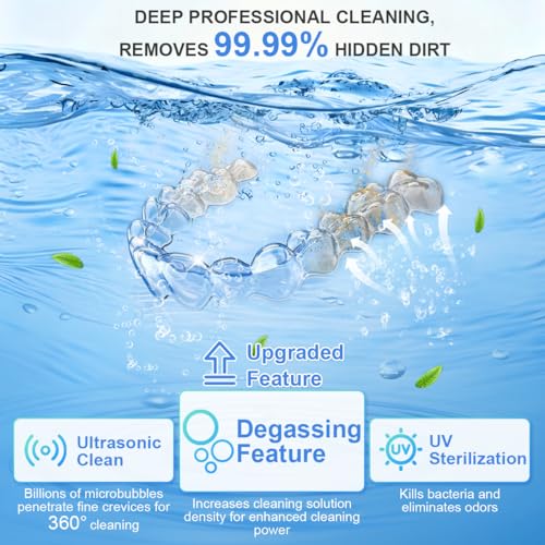 Ultrasonic Retainer Cleaner Machine, 48kHz Ultrasonic Dentures Cleaner with Timer & 4 Modes, 240ML Dental Pod for Mouth Guards, Braces, Aligner, Toothbrush, Jewelry, Makeup tool.