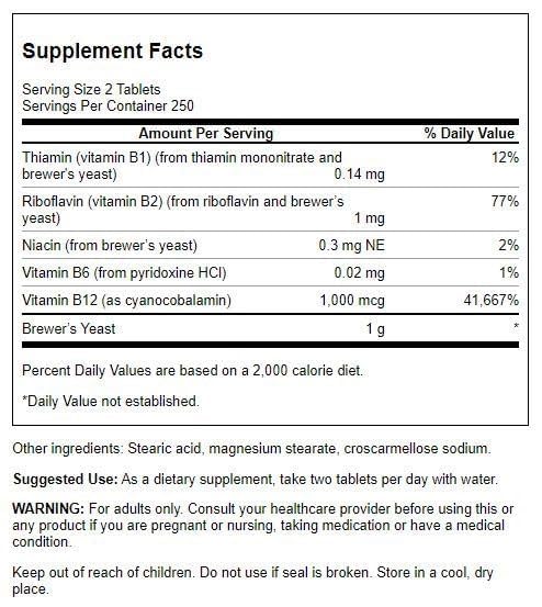 Swanson Brewer's Yeast B Complex Vitamin Formula, 500 mg, 500 Tablets | B Complex Vitamin Formula with Trace Minerals, Aids Metabolism and Energy Support, Source of Protein and Nutrients 500 Count (Pack of 1)
