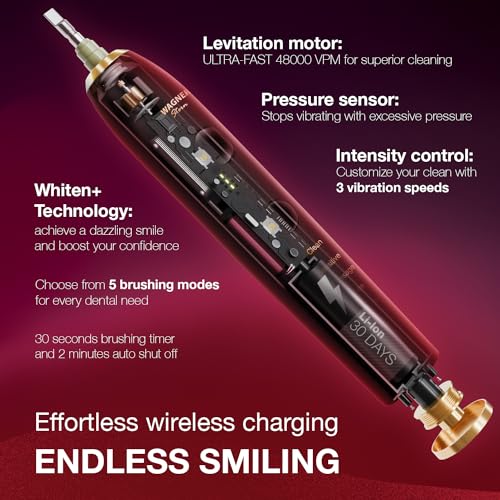 Wagner Stern WHITEN+ Electric Toothbrush, 48,000 VPM, Pressure Sensor, 5 Modes, 8 Brush Heads, Travel Case Ruby Red