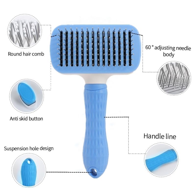 2-in-1 Pet Grooming Tool: Slicker Brush with Release Button for Cats & Dogs, Removes Tangles & Loose Fur, Ideal for Long or Short Hair, Grey - BeesActive Australia