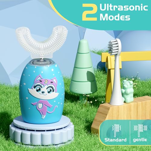 Kids U-Shaped Electric Toothbrush, Rechargeable Kids Toothbrush with 4 Brush Heads, 2 Cleaning Modes, Cartoon Cat Design, IPX7 Waterproof (Ages 2–12) Blue