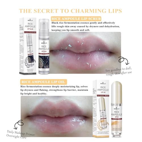 Black and White Rice Ampoule Lip Scrub and Oil Set, Rice Ampoule Duo Lip Exfoliator Solution, Hydrating Lip Oil for Softer & Smoother lips
