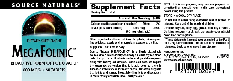Source Naturals MegaFolinic 800mcg - 60 Tablets 1 60 Count (Pack of 1)