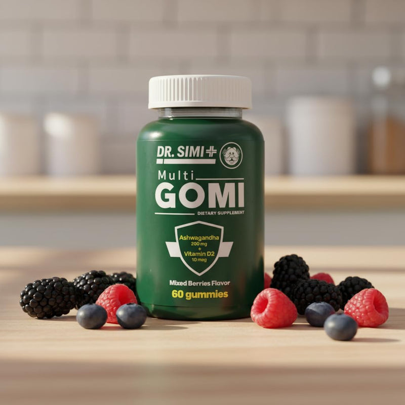 Dr. SImi Ashwagandha + Vitamin D2 Gummies Stress and Mood Support, Focus Support | 200 mg Ashwagandha + 10 mcg Vitamin D2 | Mixed Berries | 60 Count | Vegan, Non-GMO