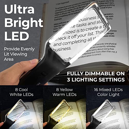 MAGNIPROS Patented 6X Rechargeable Magnifying Glass with 3 Color Light Modes & Anti-Glare Lens - Relieve Eye Strain | Perfect for Low Vision Seniors, Macular Degeneration & Fine Print USB Rechargeable