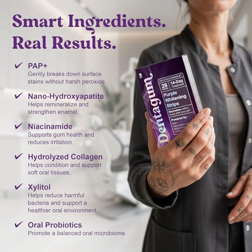 Purple Whitening Strips for Teeth - 28 Strips - Teeth Whitening Strips with Pap+ & Nano Hydroxyapatite - Enamel Safe, Low Sensitivity, Removes Stains Fast